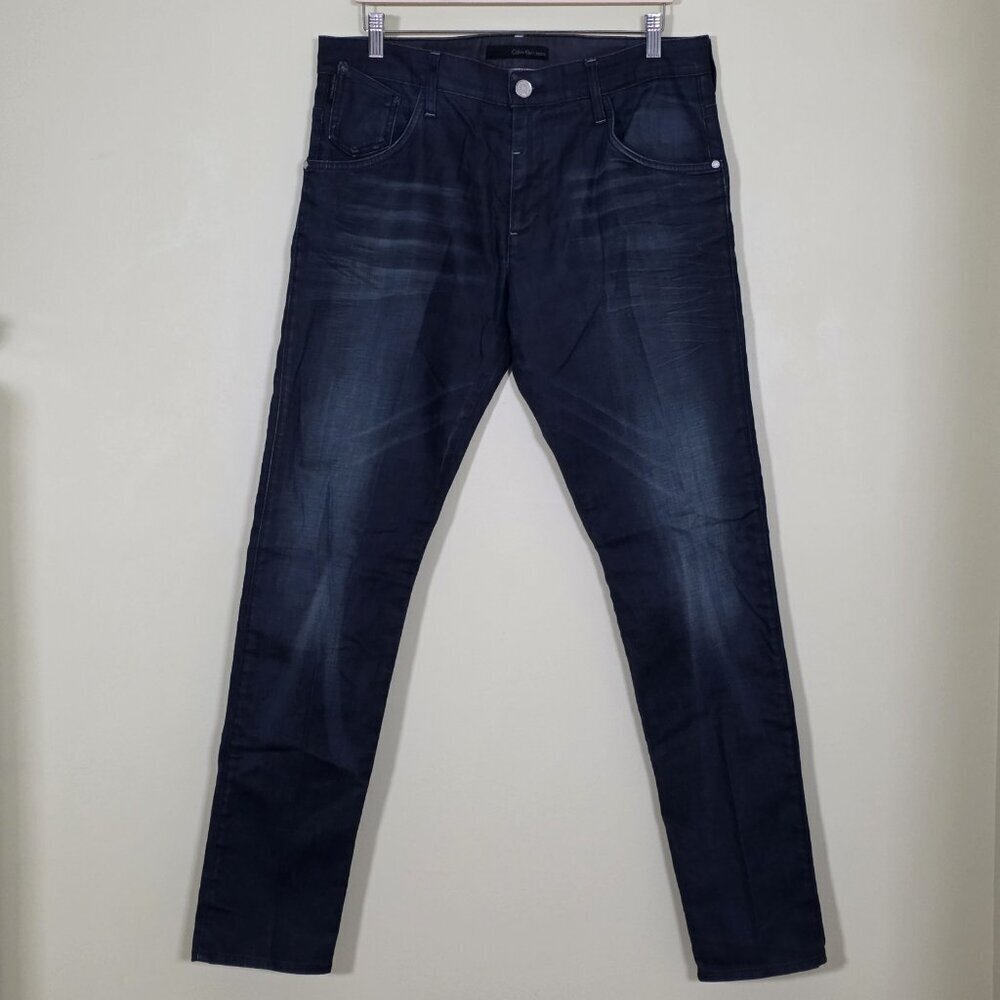 Calvin Klein Jeans Men 36x32 Navy Regular Slim Pockets Grunge Stretch Distressed